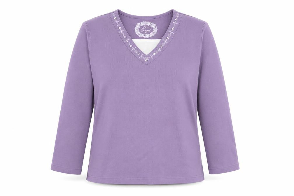 Front view of Bonmarché women’s purple round neck polyester jumper, size S