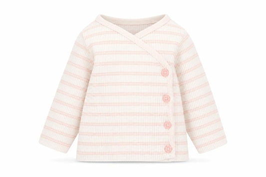 Front view of Mint Velvet girls’ beige striped nylon cardigan jumper, size 3-6, months button