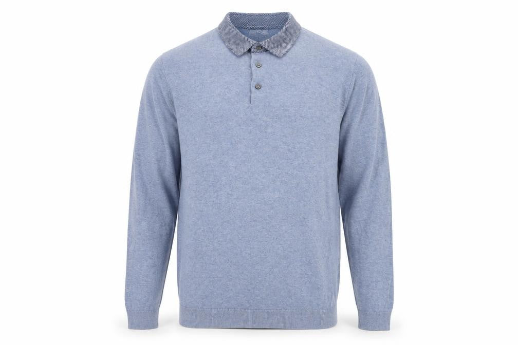 Front view of Next men’s blue collared cotton jumper, size M