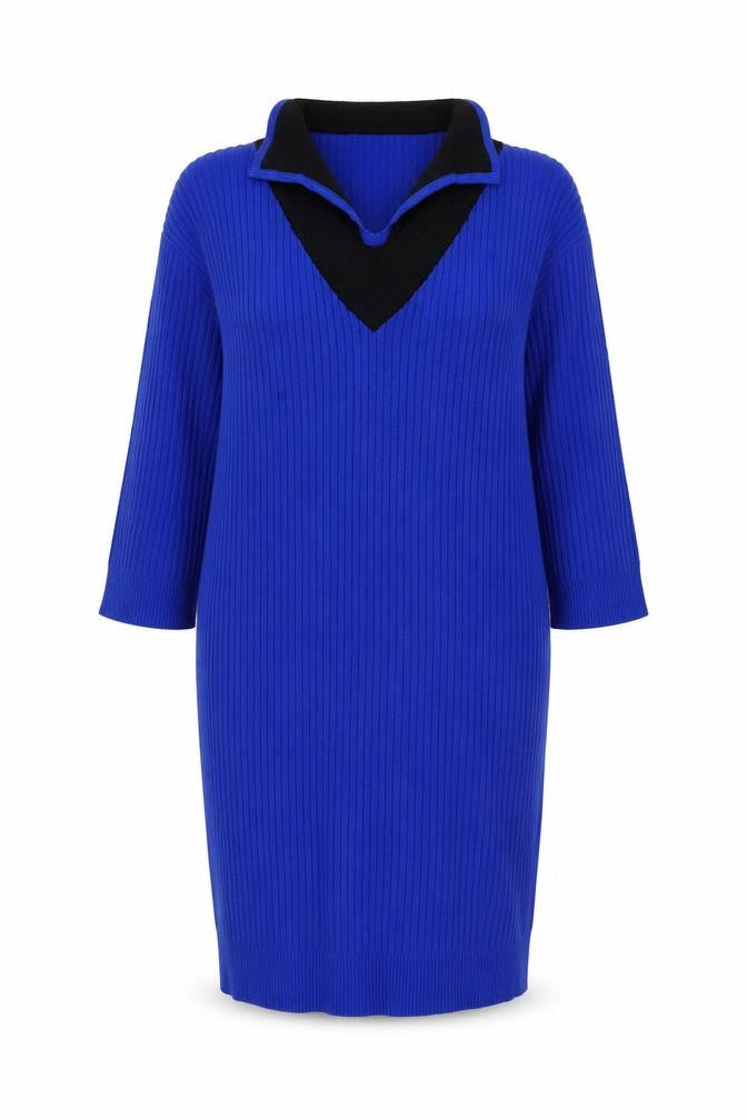 Front view of Select women’s blue viscose jumper dress, size S, collared pullover