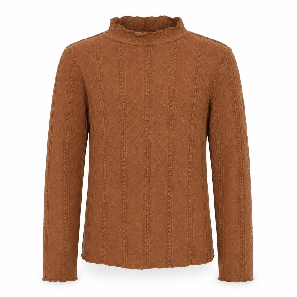 Front view of SHEIN girls’ brown mock neck polyester jumper, size 11-12, years pullover