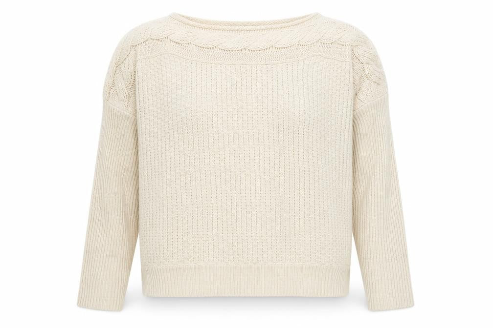 Front view of Yumi women’s beige round neck polyester jumper, size XL