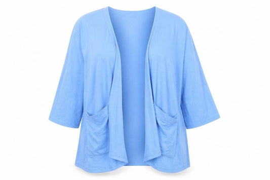 Front view of D&Co.` women’s blue round neck polyester cardigan jumper, size 3XL