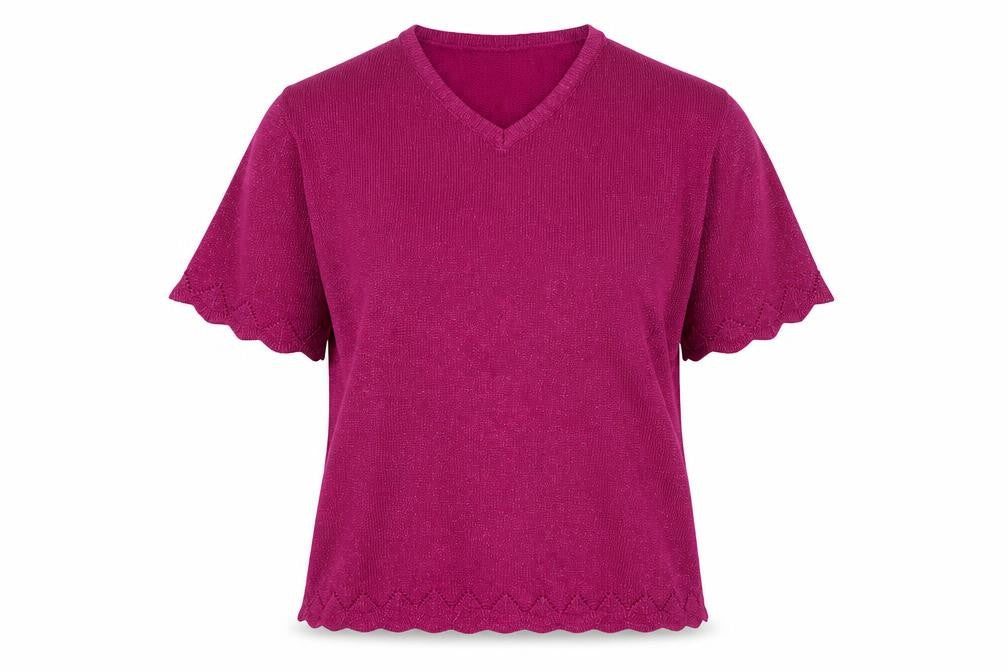Front view of EWM women’s pink v-neck acrylic jumper, size M