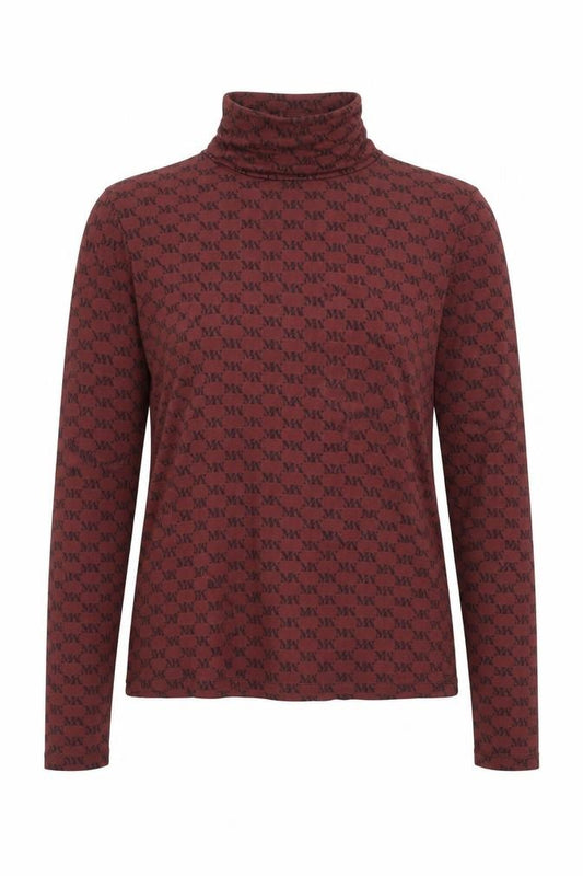 Front view of Mango Basics women’s brown geometric viscose basic t-shirt, size M, high neck