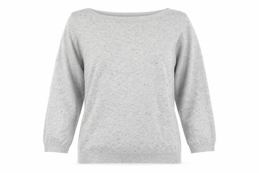 Front view of Bonmarché women’s grey boat neck viscose jumper, size UK 12