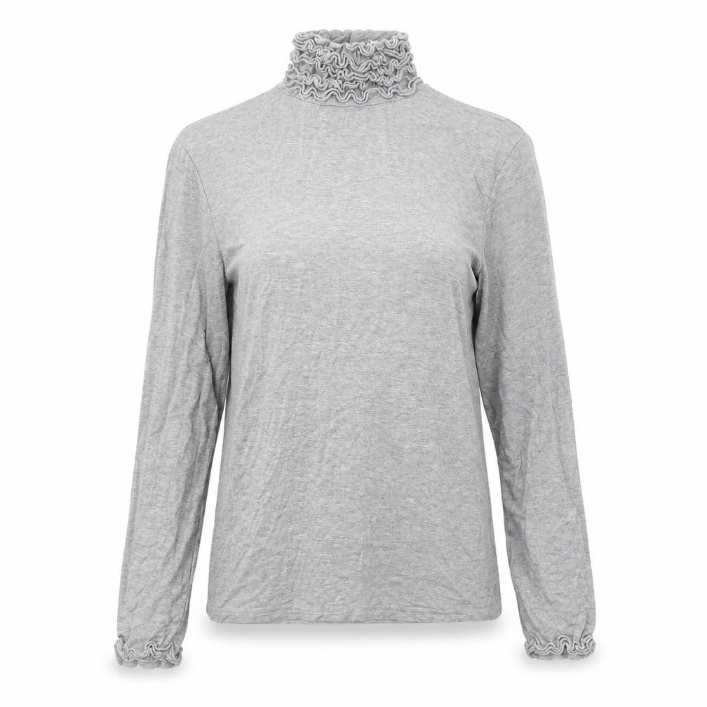 Front view of Preworn women’s grey mock neck viscose jumper, size UK 8