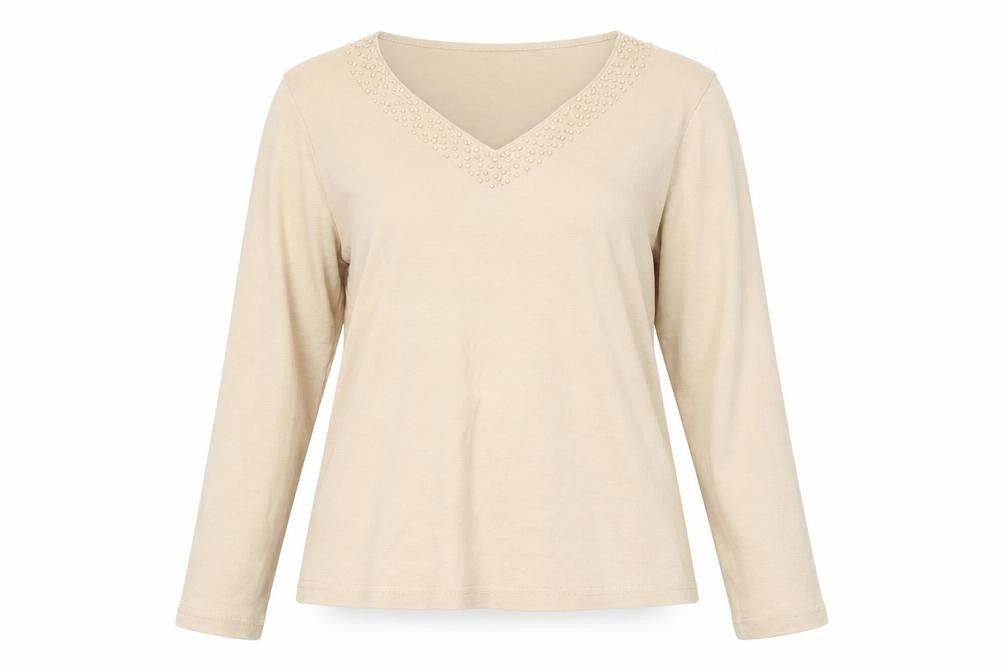 Front view of Deanes women’s beige cotton basic t-shirt, size UK 16, v-neck