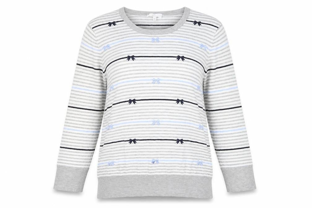 Front view of Country Casuals women’s grey round neck striped viscose jumper, size M, - bows