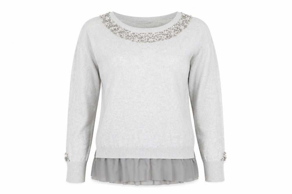 Front view of Next women’s grey round neck cotton jumper, size UK 8