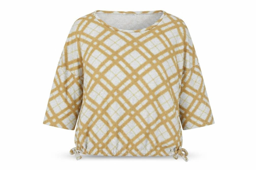 Front view of Papaya women’s yellow round neck geometric polyester jumper, size UK 18