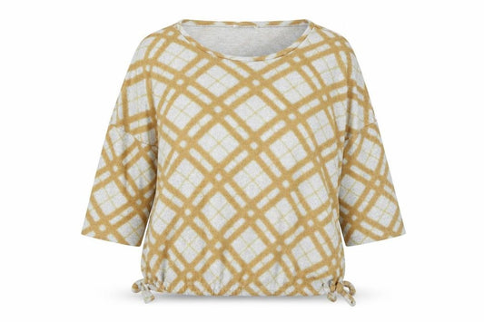 Front view of Papaya women’s yellow round neck geometric polyester jumper, size UK 18