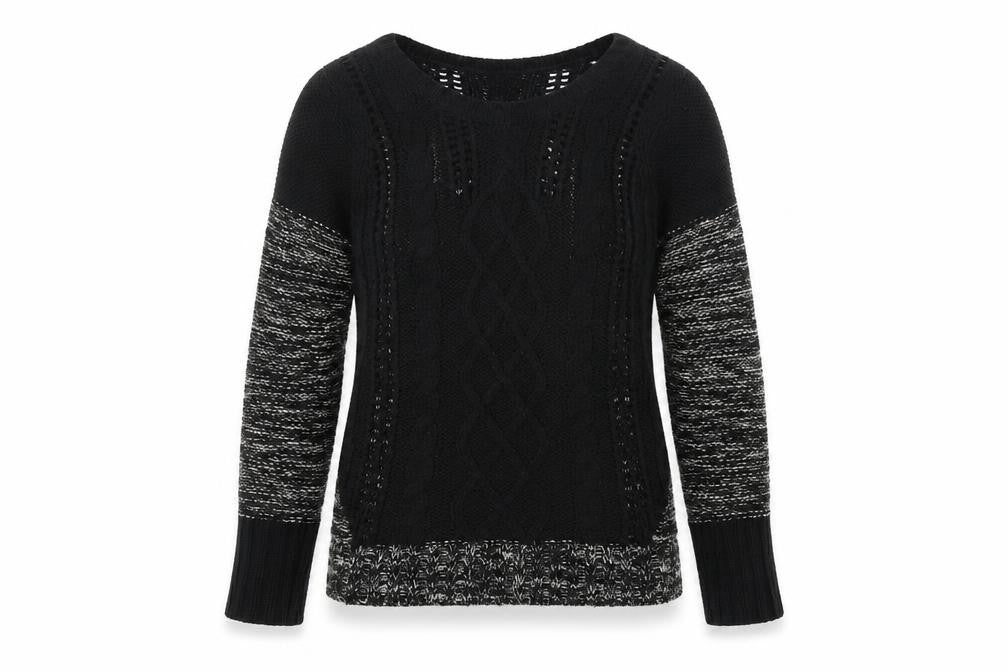 Front view of Peacocks women’s black round neck acrylic jumper, size M