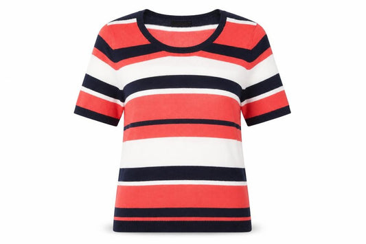 Front view of Papaya women’s multicoloured round neck striped acrylic jumper, size UK 12