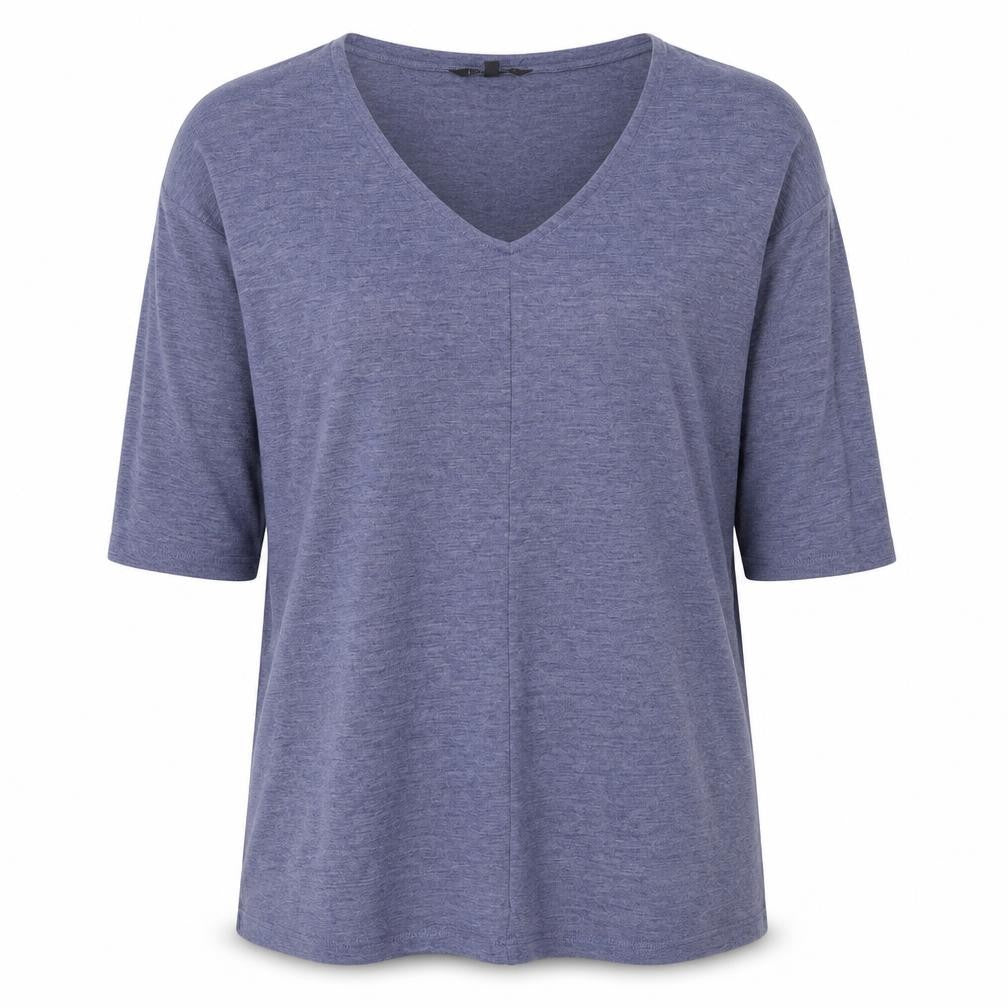 Front view of Love Leisure women’s blue v-neck polyester jumper, size UK 12