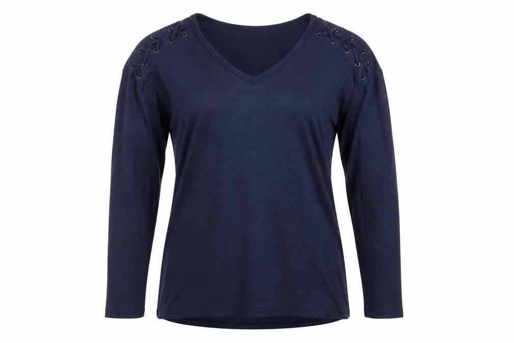 Front view of Papaya women’s blue v-neck viscose jumper, size UK 10