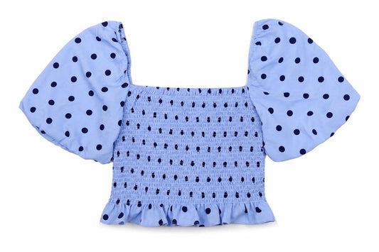 Front view of Brave Soul women’s blue polka dot polyester basic blouse, size L, square neck