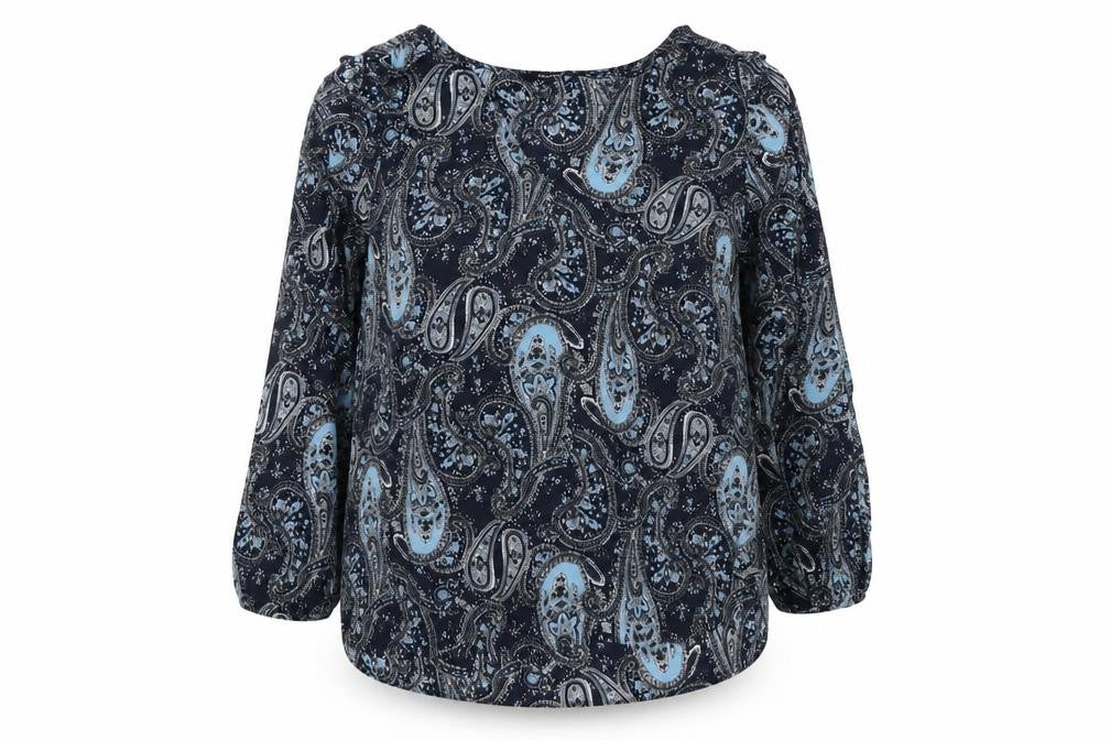 Dunnes Womens Blue Paisley Polyester Basic Blouse Size M V-Neck