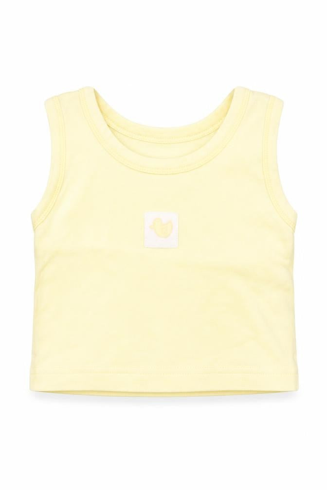 Front view of Dunnes girls’ yellow cotton basic tank, size 3-6, months crew neck pullover - duck