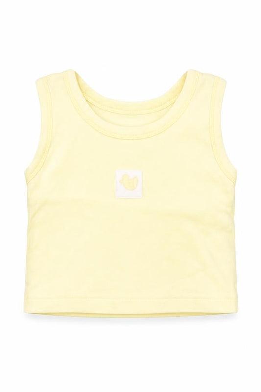 Front view of Dunnes girls’ yellow cotton basic tank, size 3-6, months crew neck pullover - duck