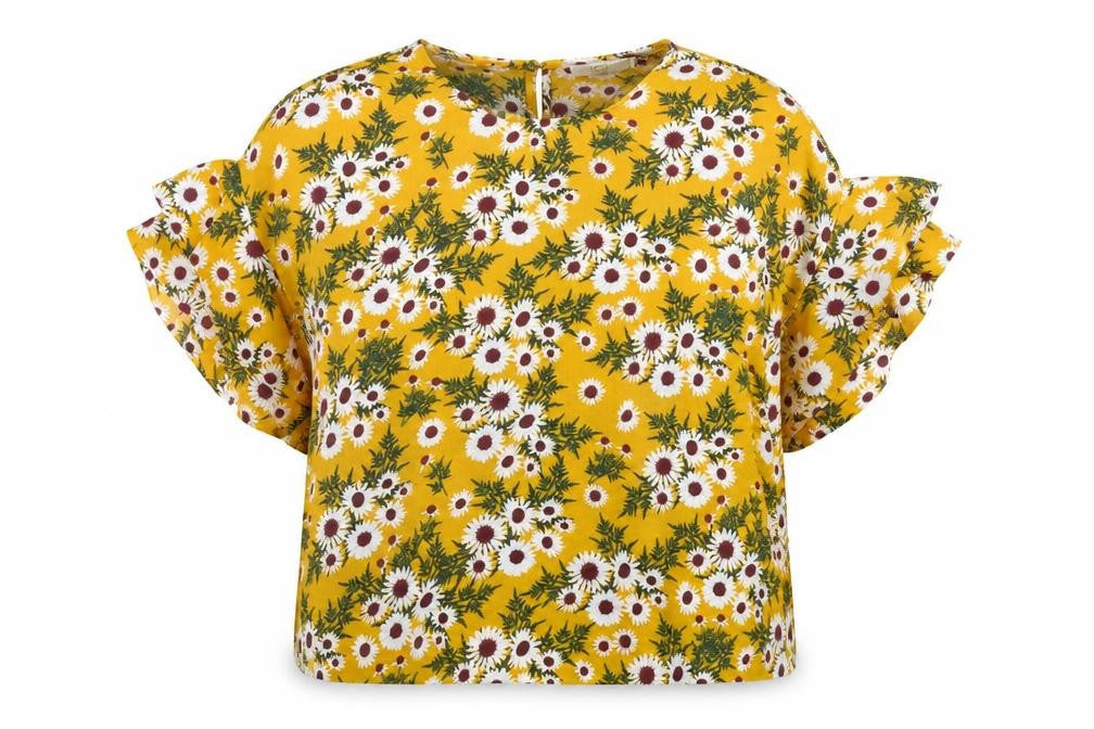 Front view of JCL women’s yellow floral polyester basic t-shirt, size M, crew neck