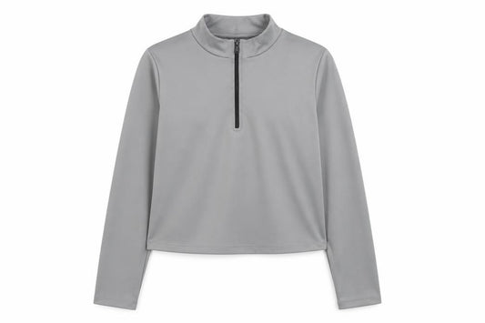 Front view of ASOS women’s grey polyester cropped casual, size UK 18, high neck zip