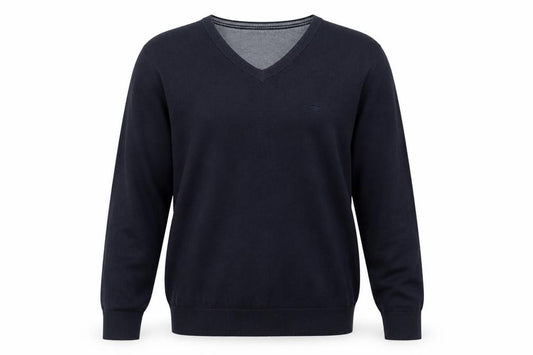 Front view of Tom Tailor men’s blue v-neck cotton jumper, size L