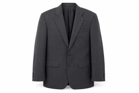 Front view of Burton men’s grey wool jacket suit jacket, size 40
