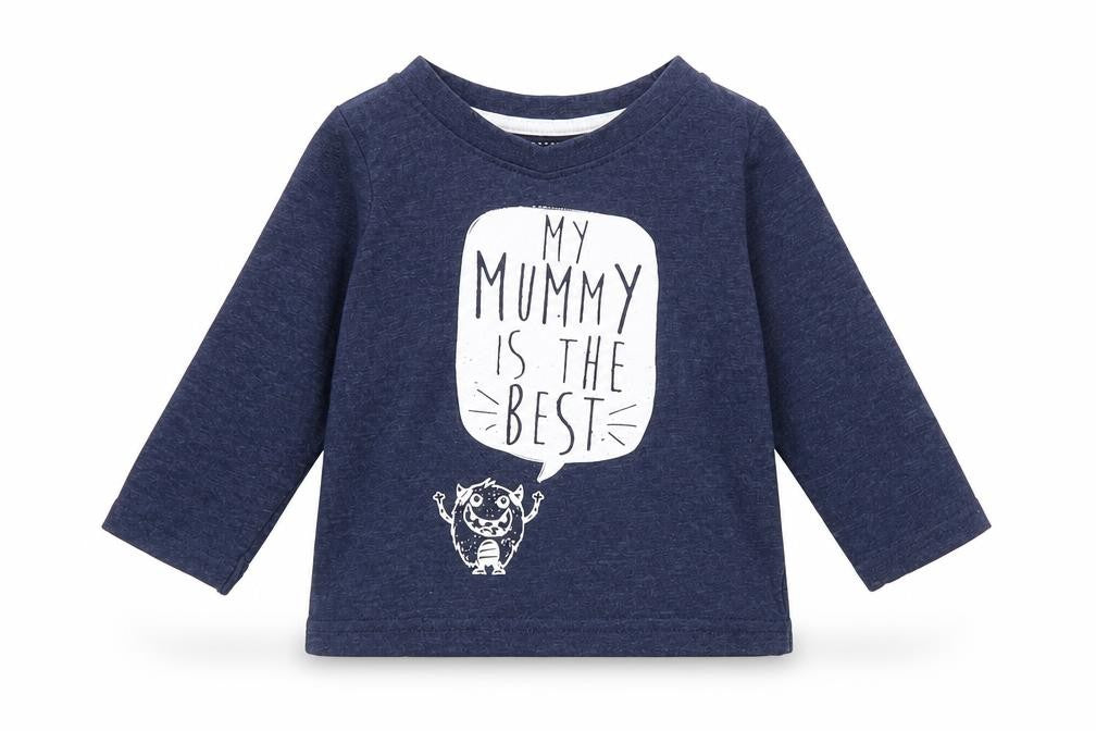 Front view of Mini Rebel boys’ blue cotton basic t-shirt, size 9-12, months round neck - slogan