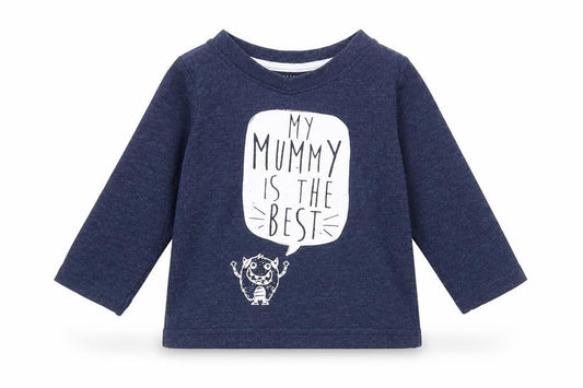 Front view of Mini Rebel boys’ blue cotton basic t-shirt, size 9-12, months round neck - slogan