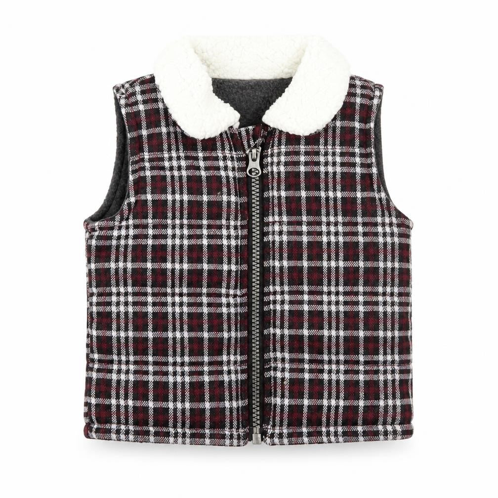 Front view of Nutmeg Baby Black Plaid Gilet Jacket, size 3-6, Months Zip