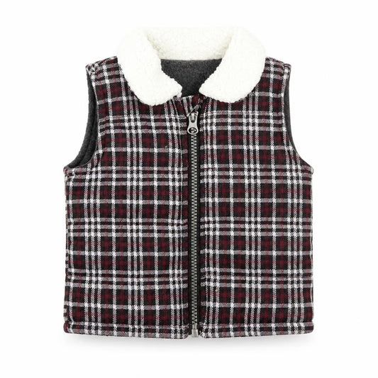 Front view of Nutmeg Baby Black Plaid Gilet Jacket, size 3-6, Months Zip