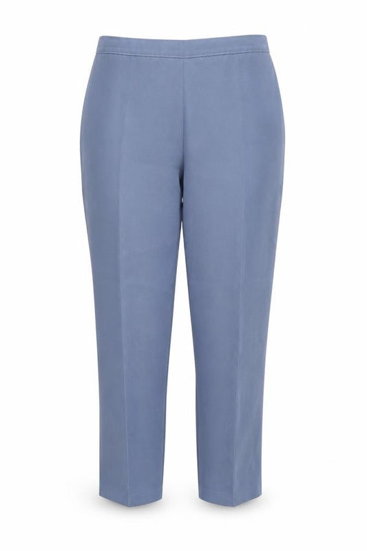 Front view of Saira of Manchester women’s blue polyester trousers, size UK 24, 27-inch leg regular