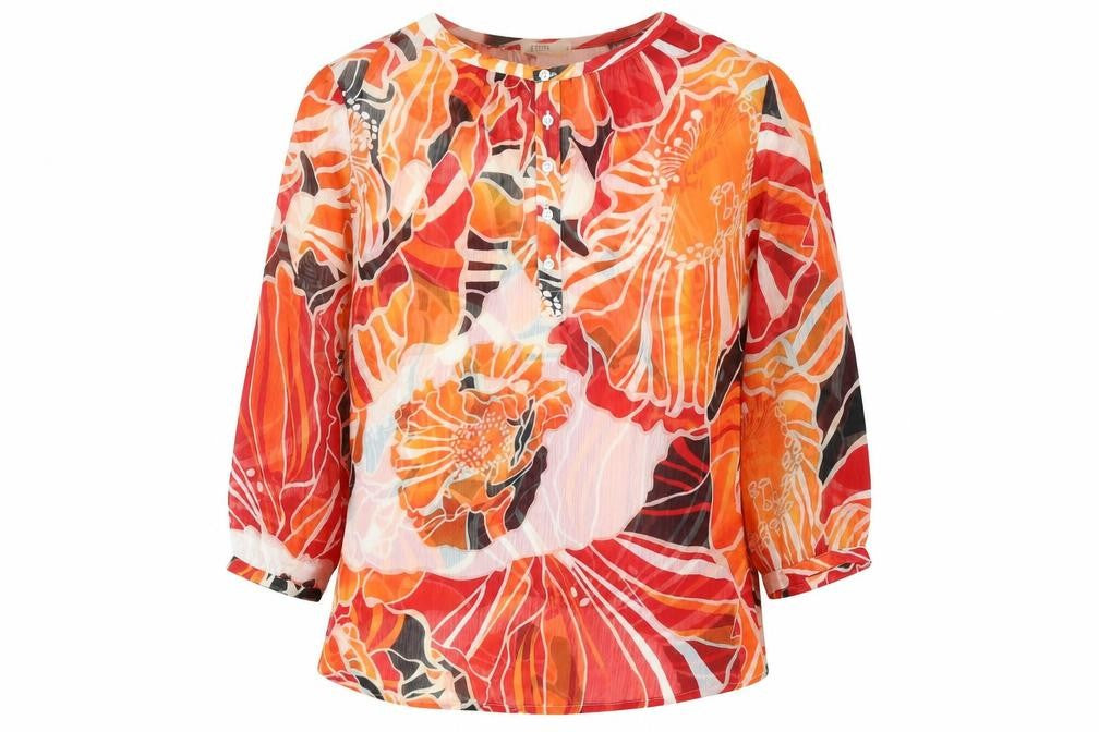 Front view of Jensen women’s multicoloured geometric polyester jersey blouse, size UK 12, round neck