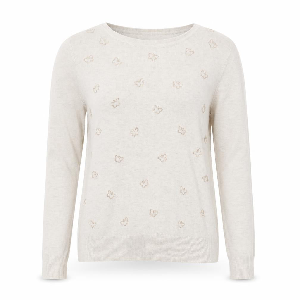 Front view of Marks & Spencer women’s beige round neck geometric viscose jumper, size UK 12, - butterfly