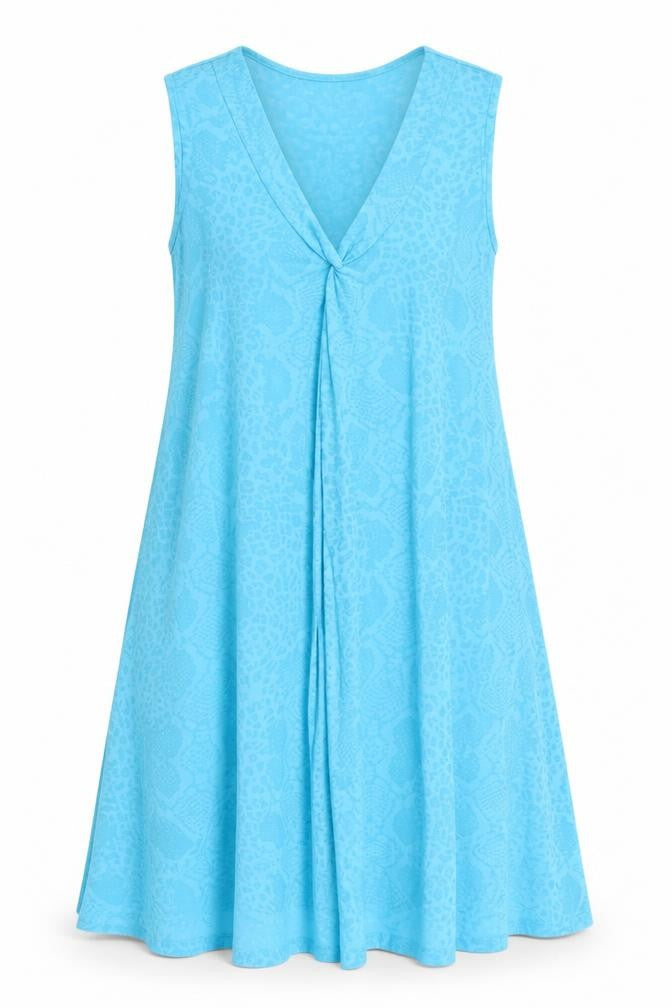 Front view of Marks & Spencer women’s blue geometric polyester a-line, size UK 12, v-neck pullover - cover up