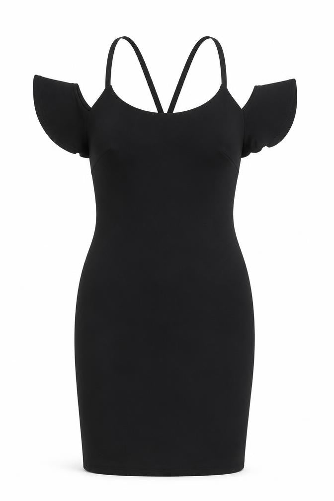 Front view of New Look women’s black polyester bodycon, size UK 12, round neck zip - cold shoulder