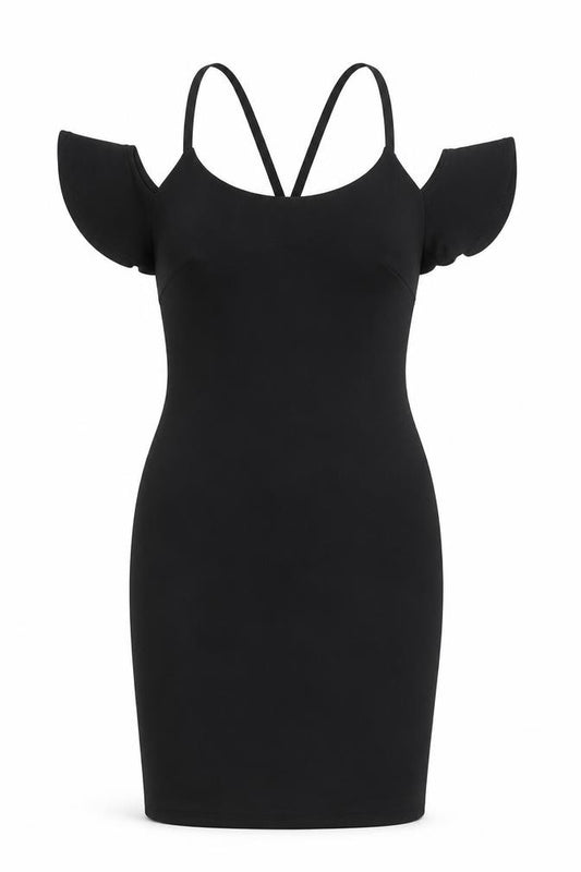 Front view of New Look women’s black polyester bodycon, size UK 12, round neck zip - cold shoulder