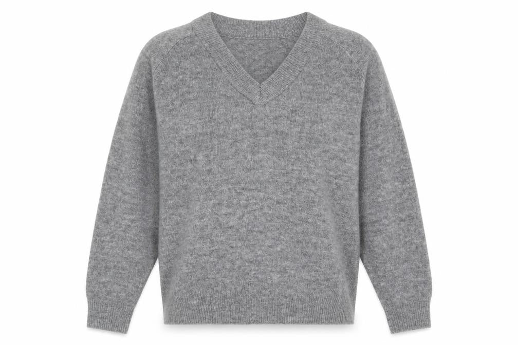 Front view of H&M women’s grey v-neck acrylic jumper, size S