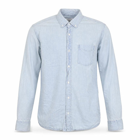 Front view of Pull&Bear men’s blue cotton button-up, size S, collared button