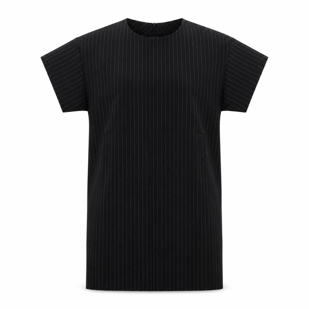 Front view of PRETTYLITTLETHING women’s black striped polyester t-shirt dress, size UK 8, round neck pullover
