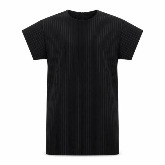 Front view of PRETTYLITTLETHING women’s black striped polyester t-shirt dress, size UK 8, round neck pullover