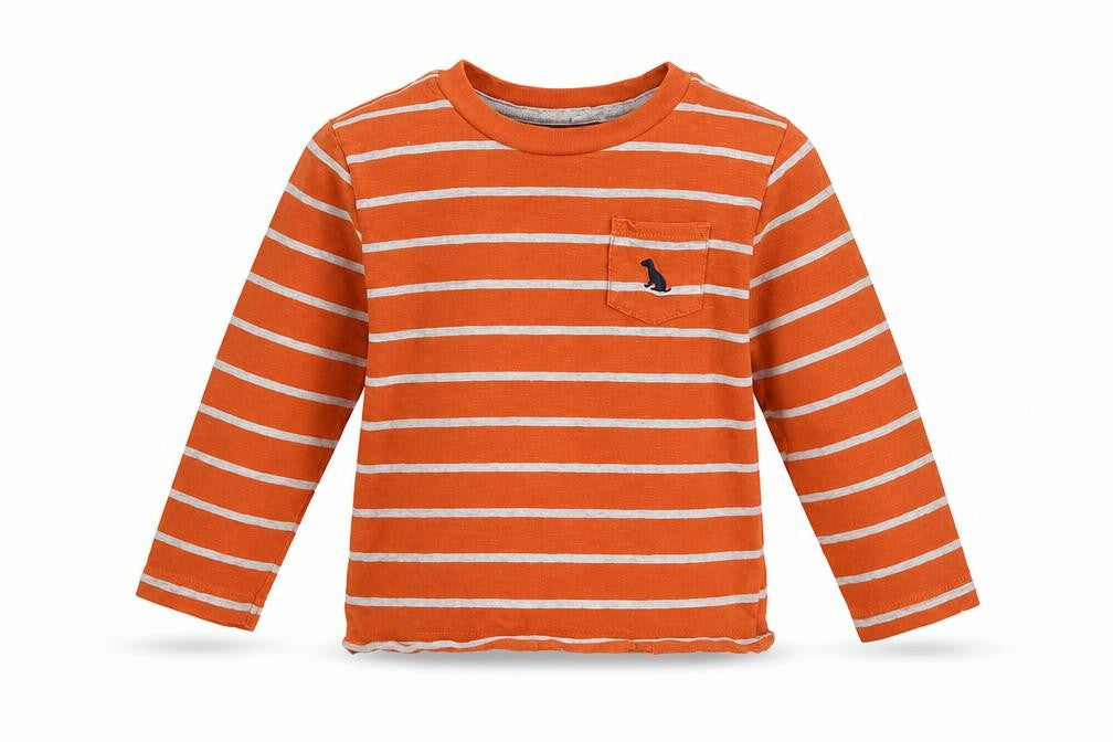 Little Me Boys Orange Striped Cotton Pullover T-Shirt Size 3 Years Crew Neck Pullover
