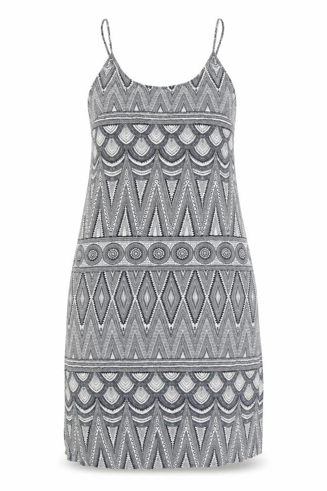 Front view of H&M women’s black geometric viscose tank dress, size UK 6, round neck pullover