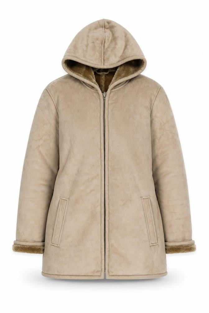 Front view of Classics first Avenue women’s beige jacket coat, size S, zip - fur lined