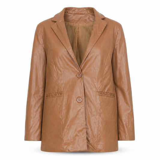 Front view of PRETTYLITTLETHING women’s brown jacket, size XS, button
