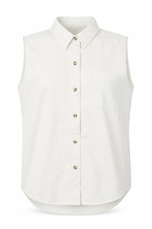 Front view of Basix women’s white cotton basic button-up, size L, collared