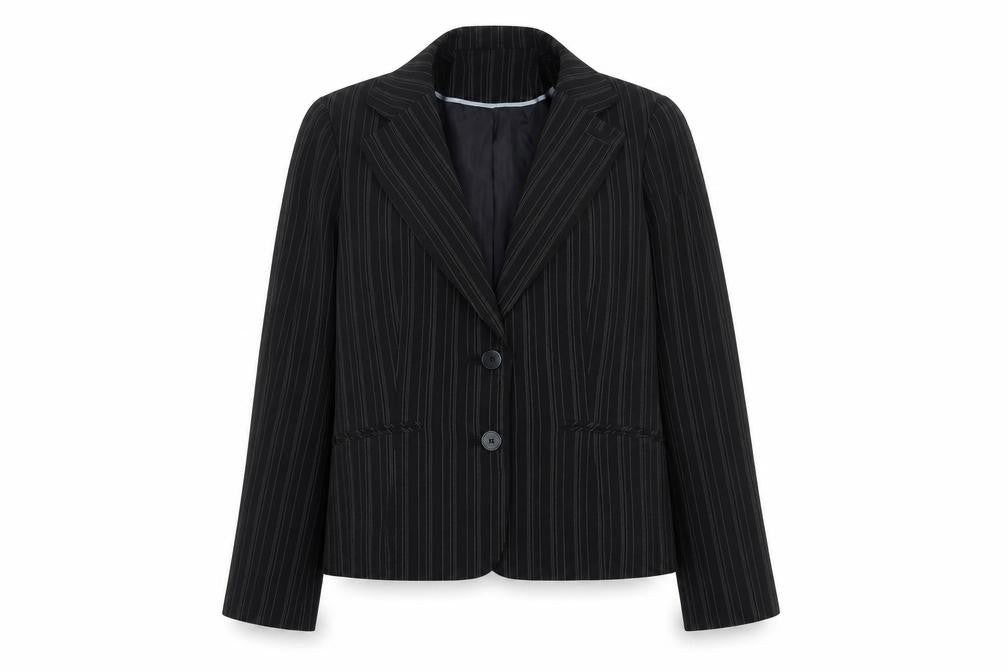 Front view of Select women’s black striped polyester jacket blazer, size UK 16