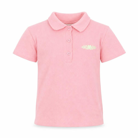 Front view of George girls’ pink cotton basic polo, size 7-8, years collared button - ribbed