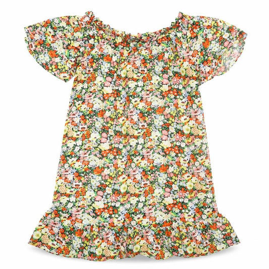 Front view of George women’s multicoloured floral viscose a-line, size UK 12, boat neck pullover - frill sleeve & hem